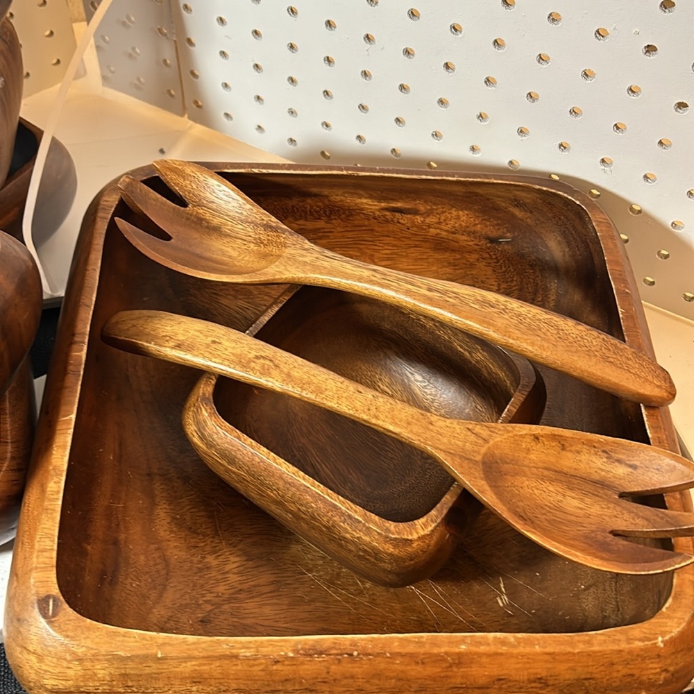 VINTAGE GENUINE MONKEY POD Square Salad Bowl 11 Piece Set - Picture 4 of 7